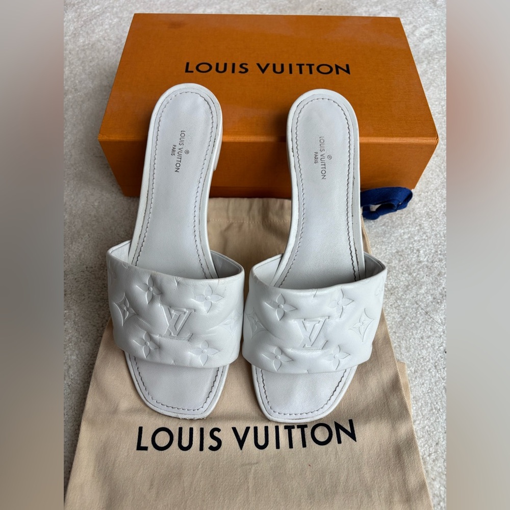 Louis Vuitton White Monogram Embossed Slide Sandals